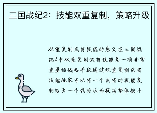 三国战纪2：技能双重复制，策略升级